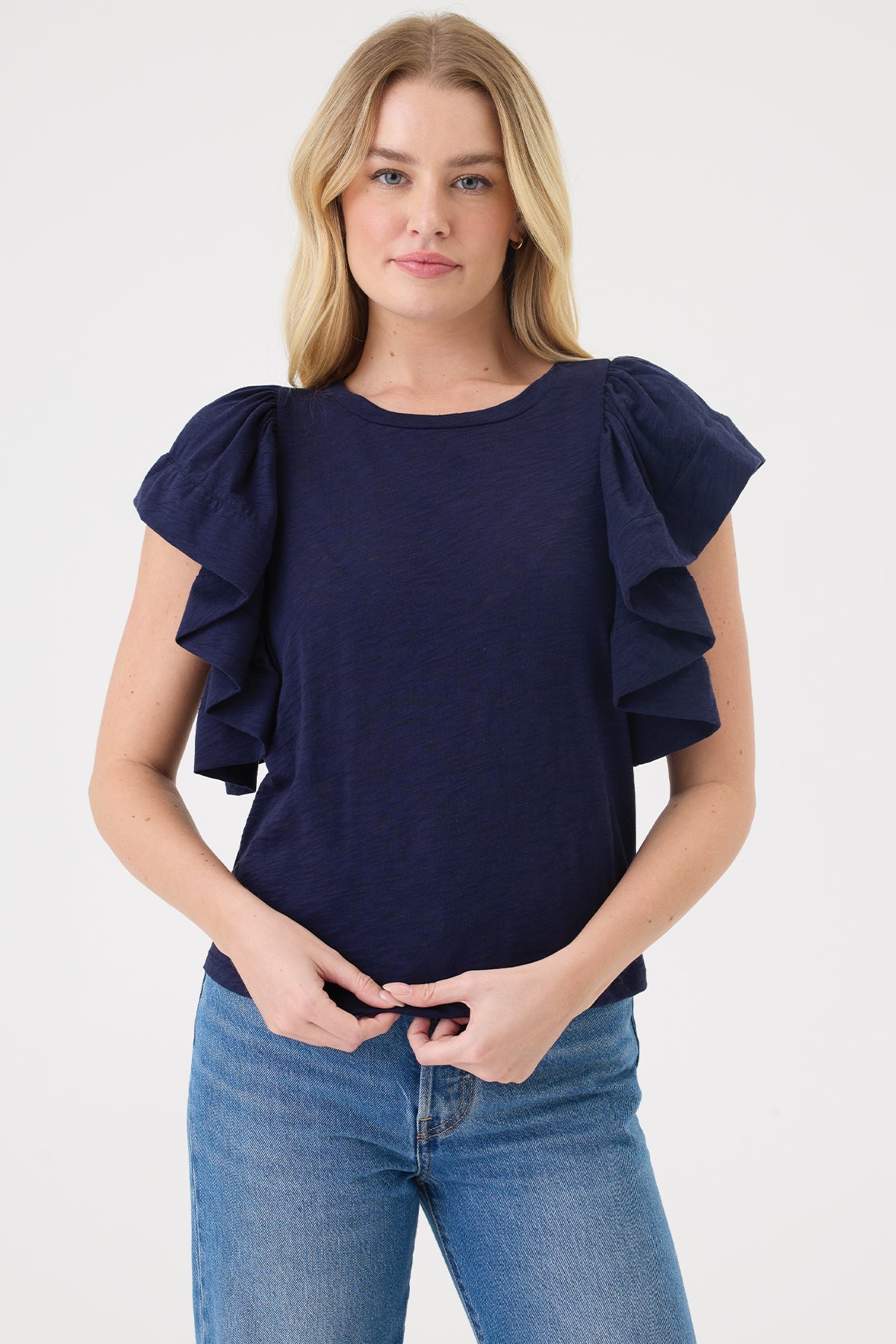 Signature Slub Waterfall Ruffle Shell - Goldie LeWinter #color_navy