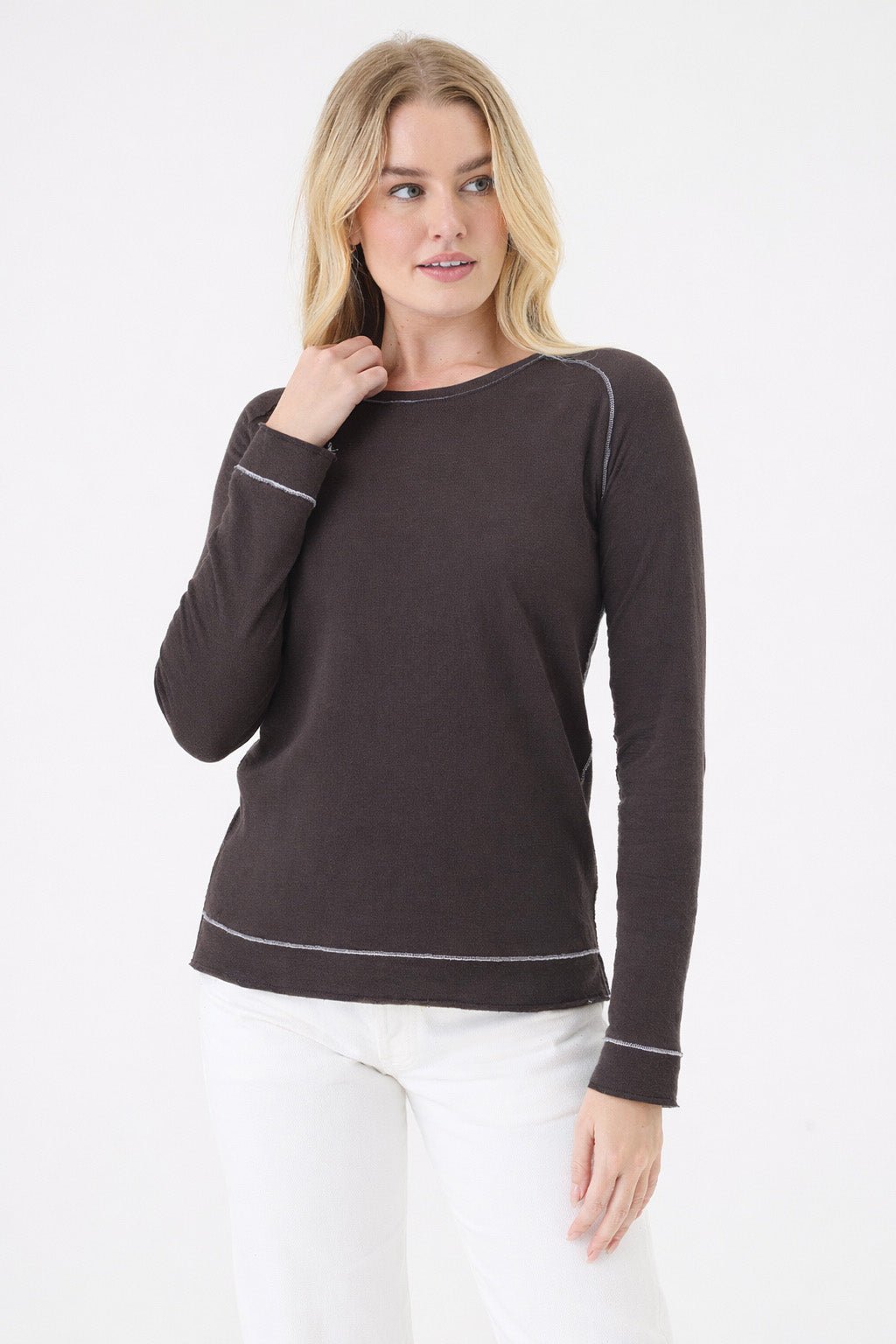 Stella Saddle Shoulder Pullover - Goldie LeWinter #color_coffee / gray heather