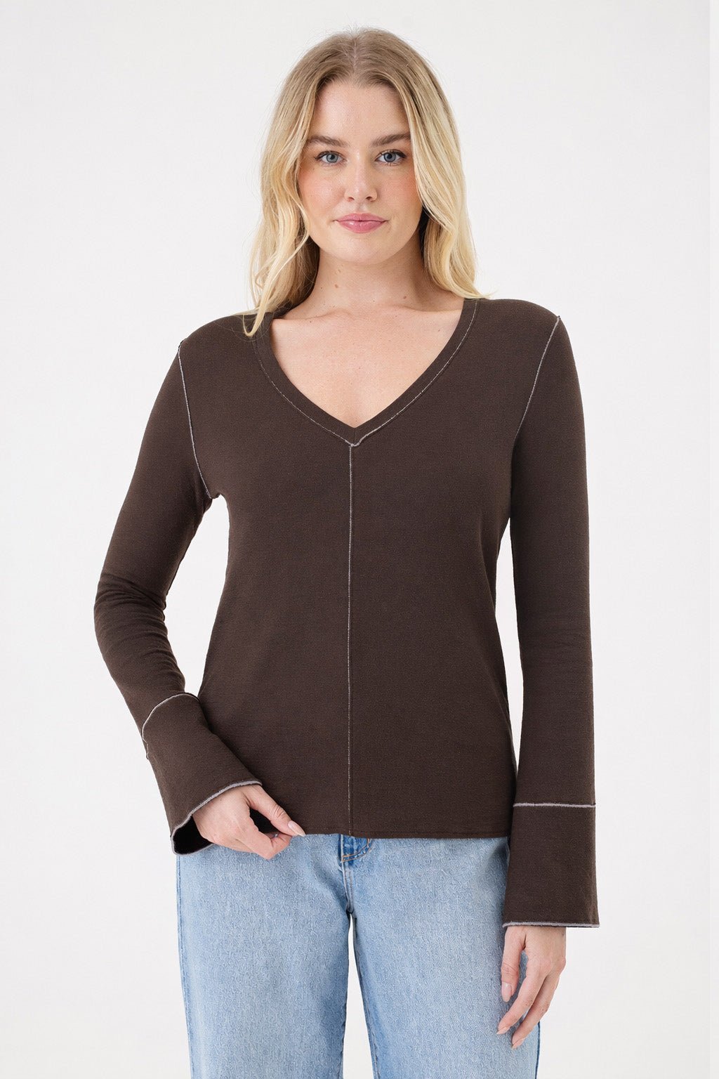 Stella V Neck Pullover - Goldie LeWinter #color_coffee / gray heather