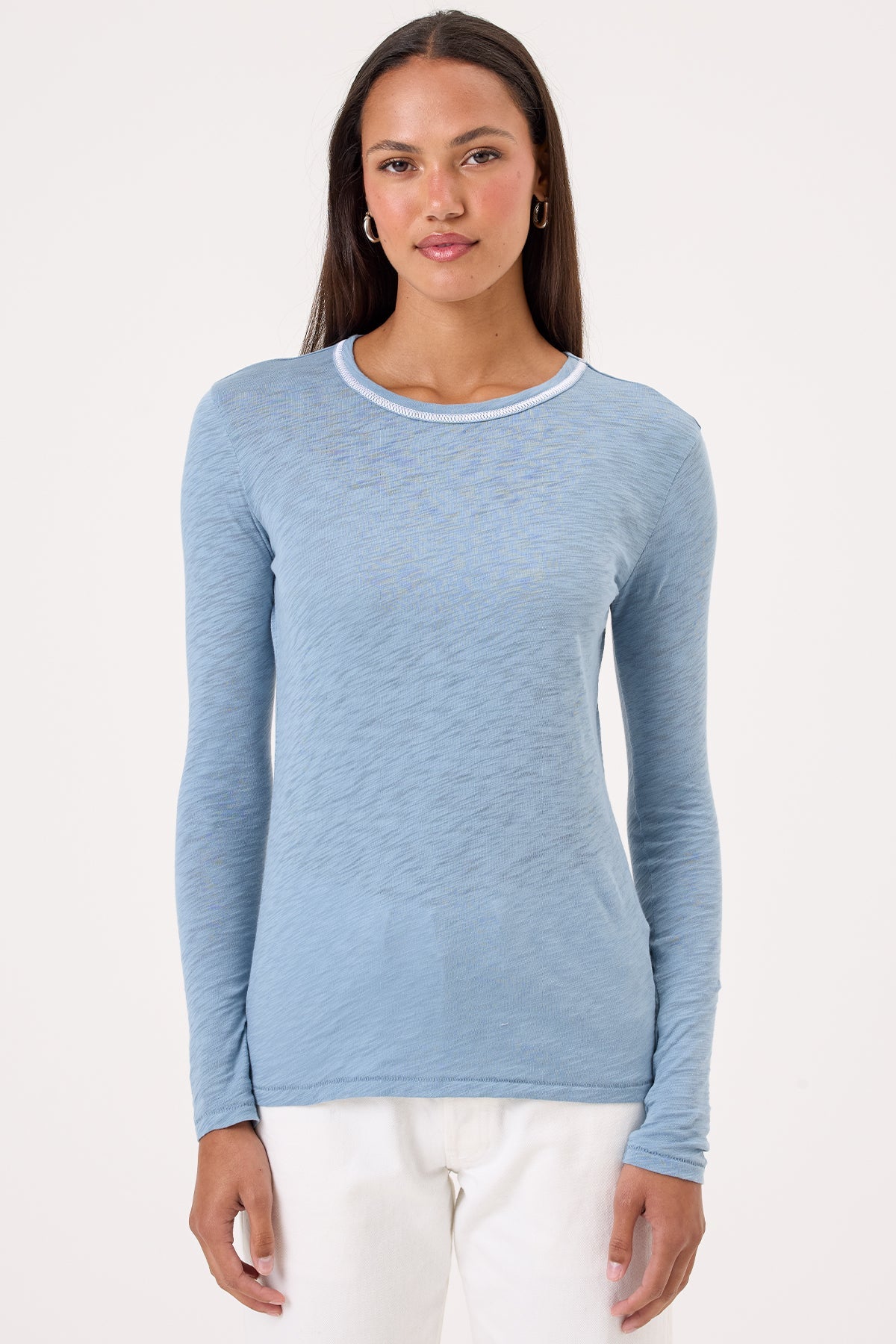Stitch Tipped Long Sleeve Ringer Tee - Goldie LeWinter #color_faded denim - limited edition