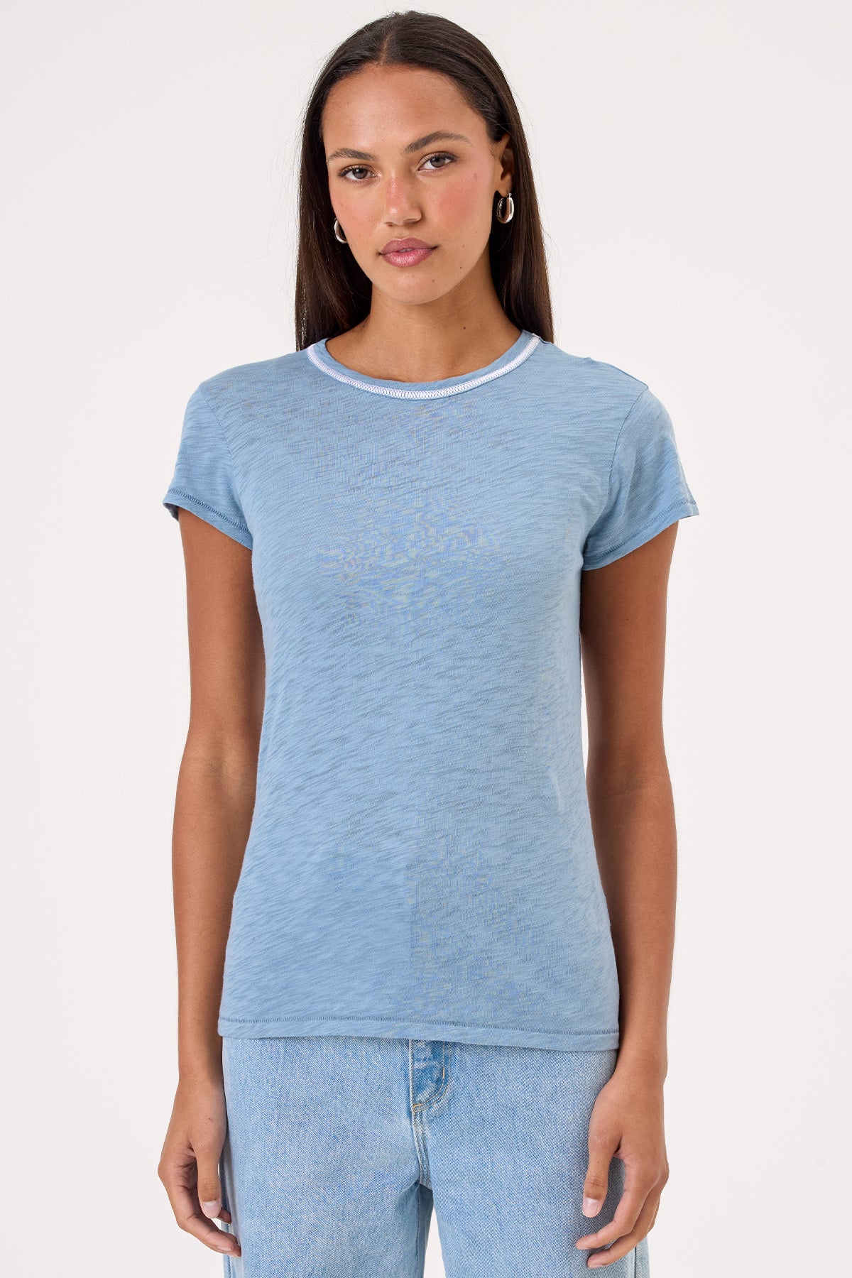 Stitch Tipped Ringer Tee - Goldie LeWinter #color_faded denim - limited edition