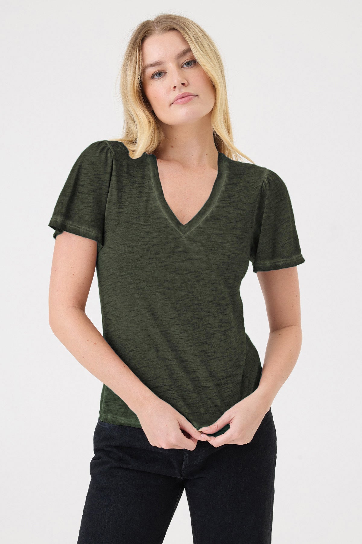 Vintage Wash Flutter Sleeve V Neck Tee