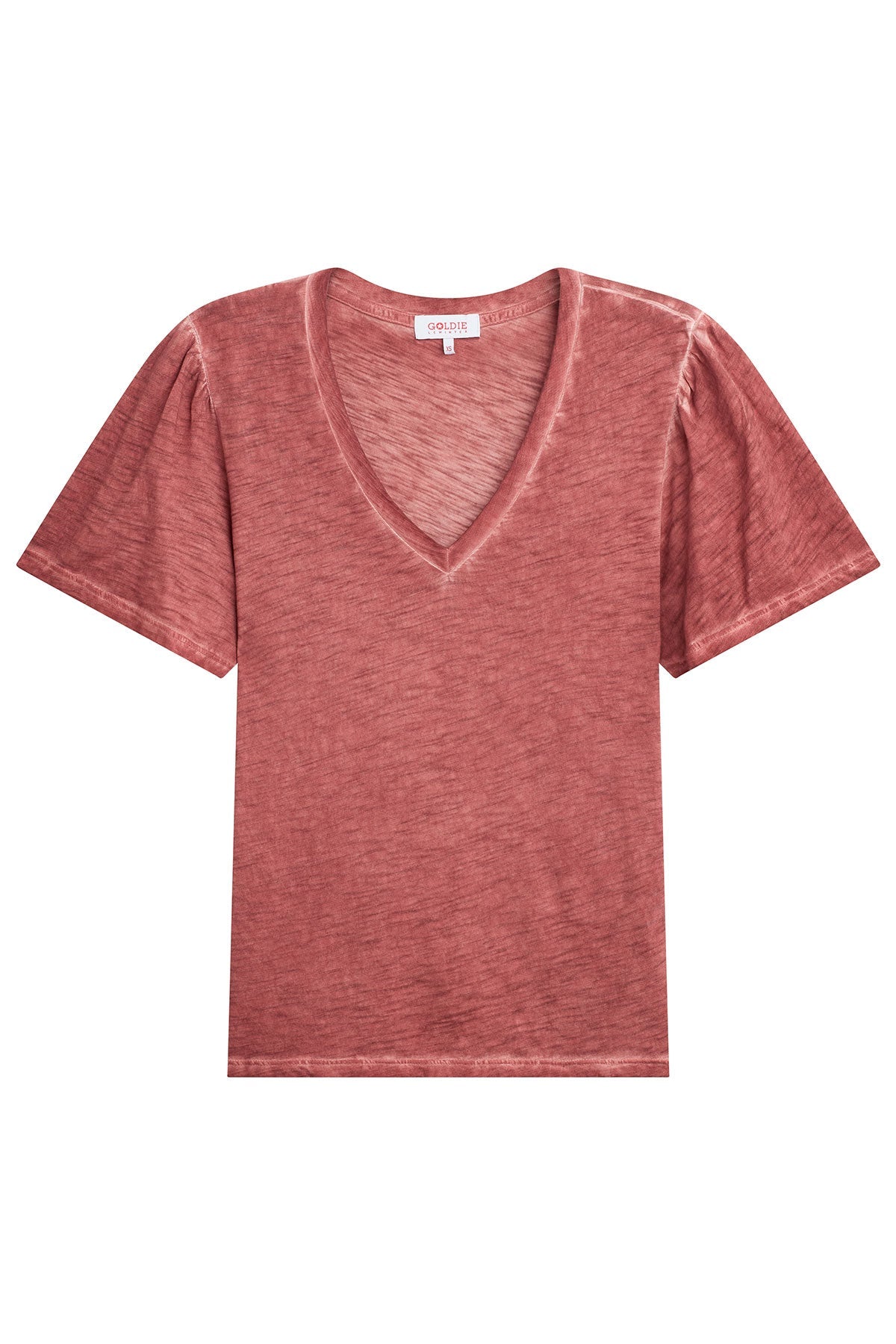 Vintage Wash Flutter Sleeve V Neck Tee - Goldie LeWinter #color_chili oil